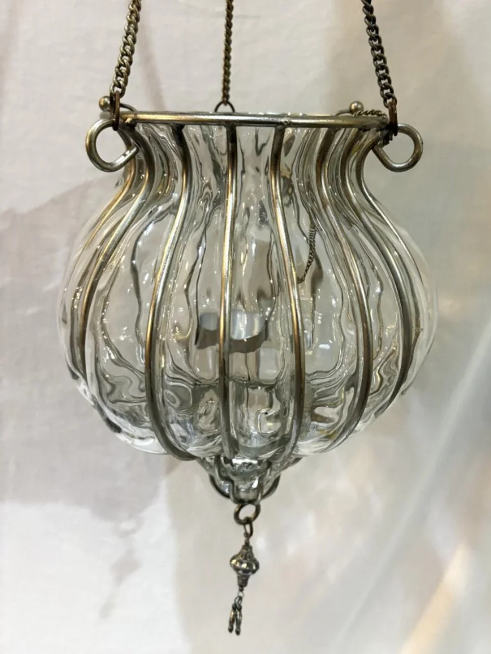 VTG Caged Glass Hanging Lantern Candle Votive Holder